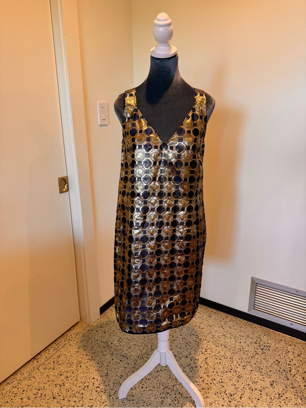 Marni Gold and Navy Metallic Geometric Mini Dress